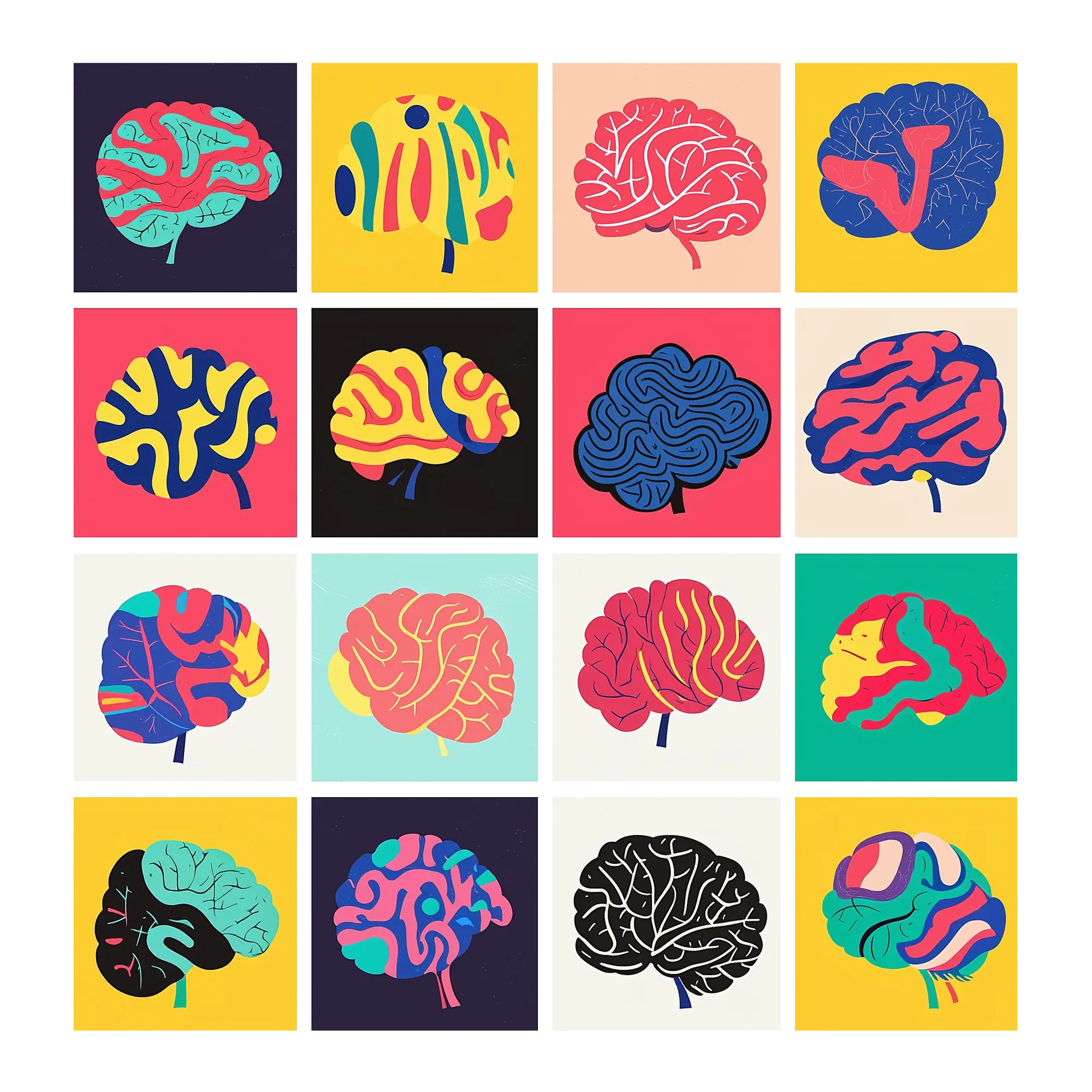 Grid of artistic brain illustrations in varied colours