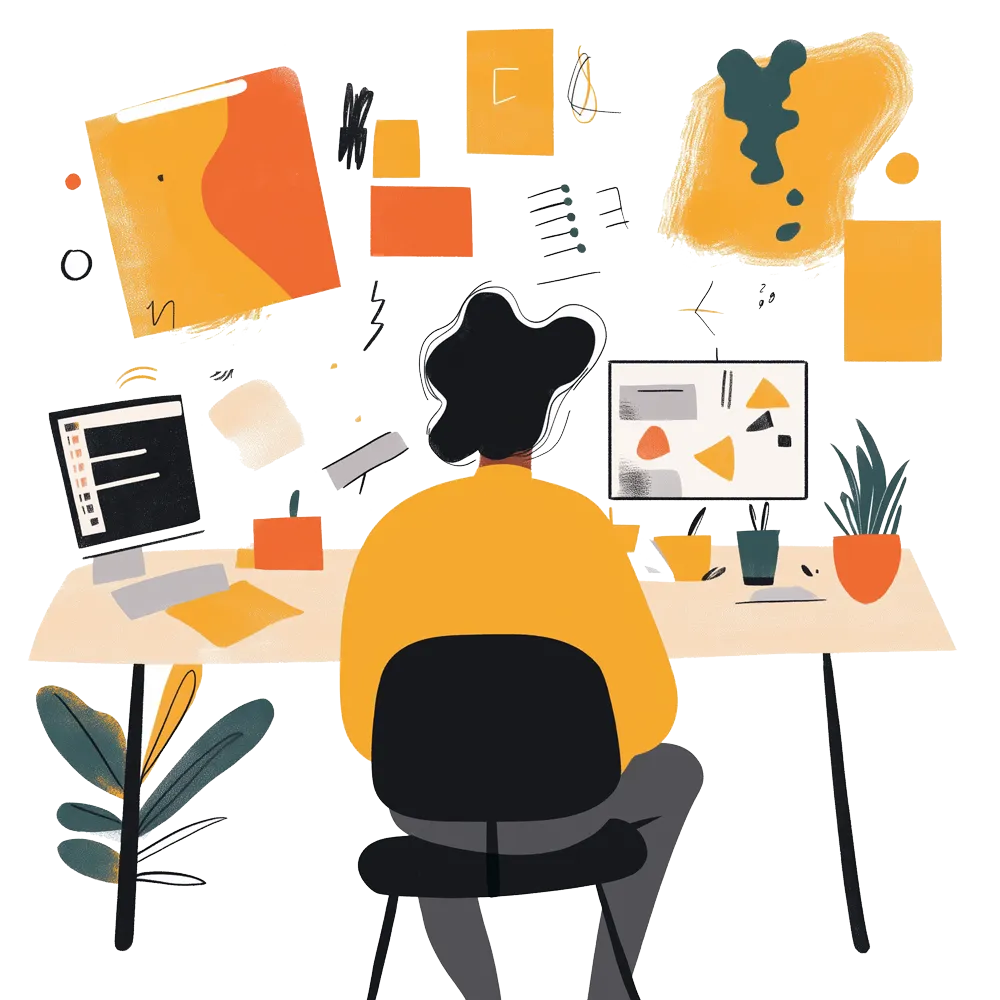 Illustration of a Person at desk with two monitors and abstract design elements.
