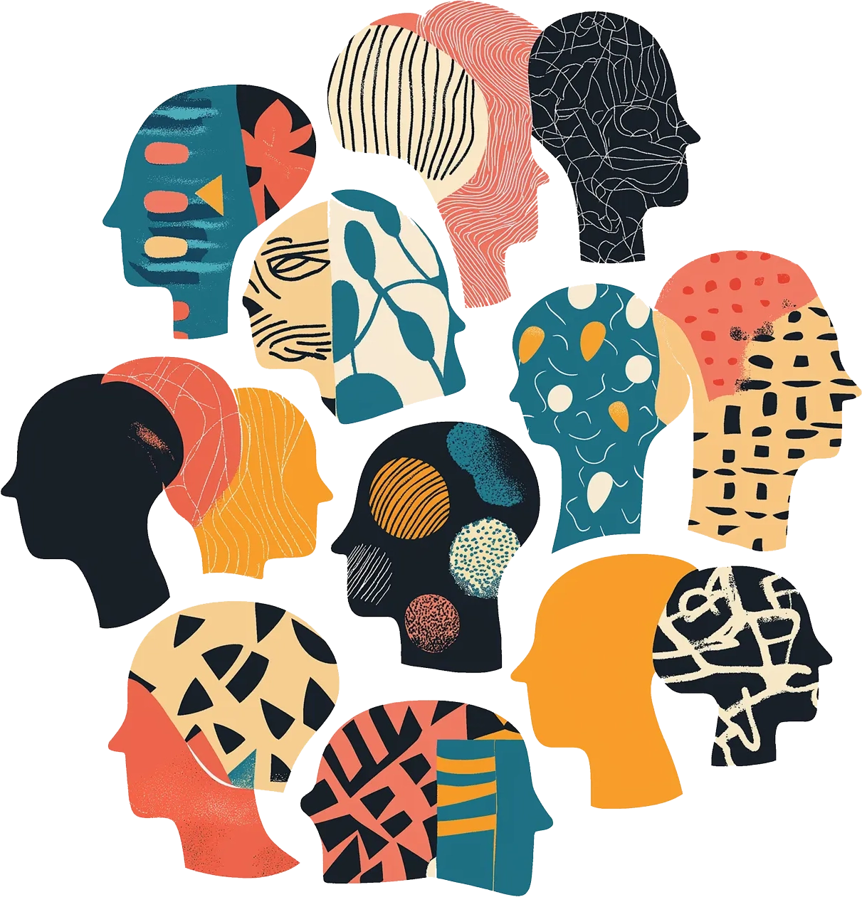 Illustration of silhouettes filled with vibrant textures symbolizing diverse neurotypes