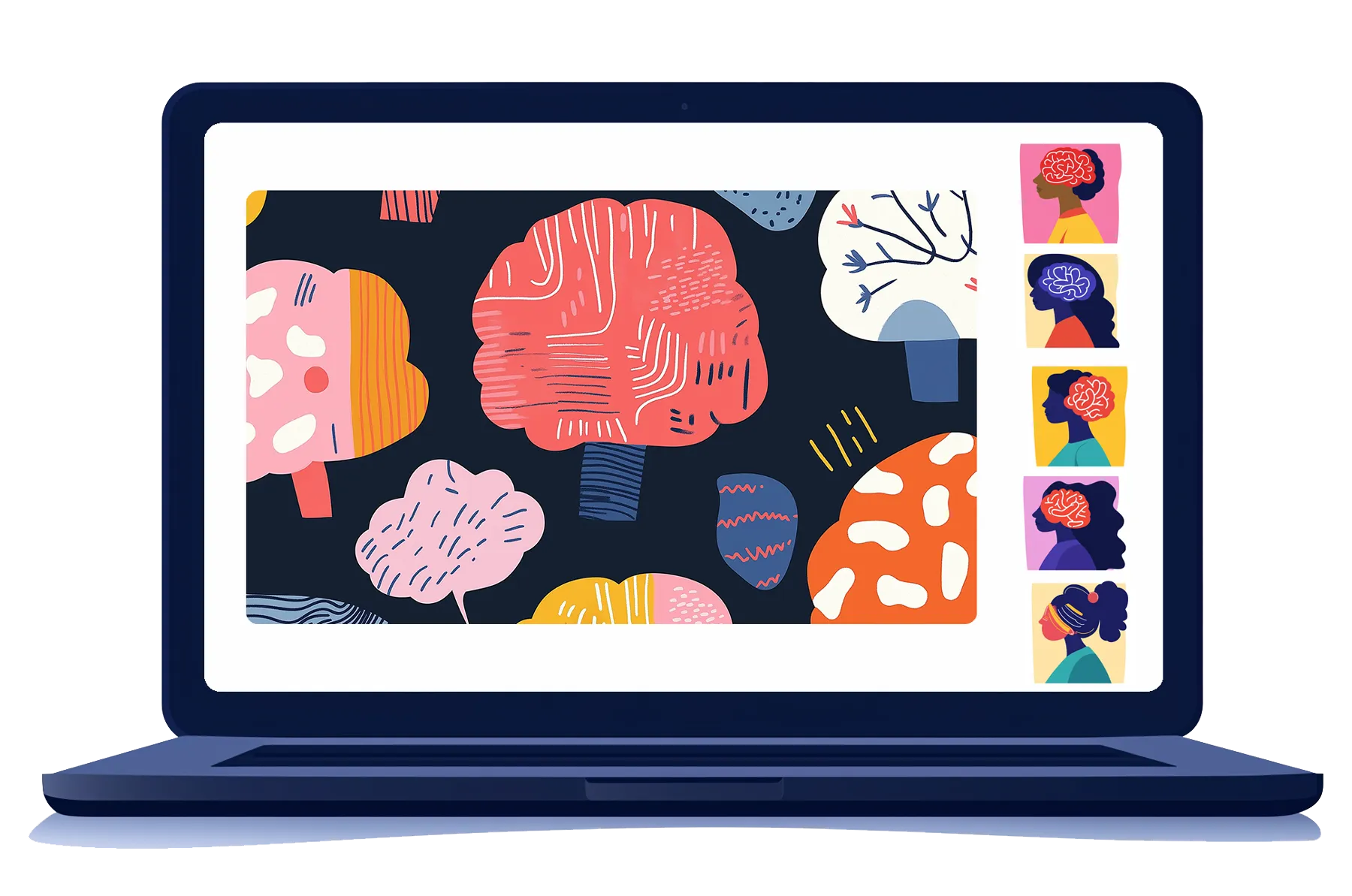 Laptop screen with slide and brain-themed profile icons