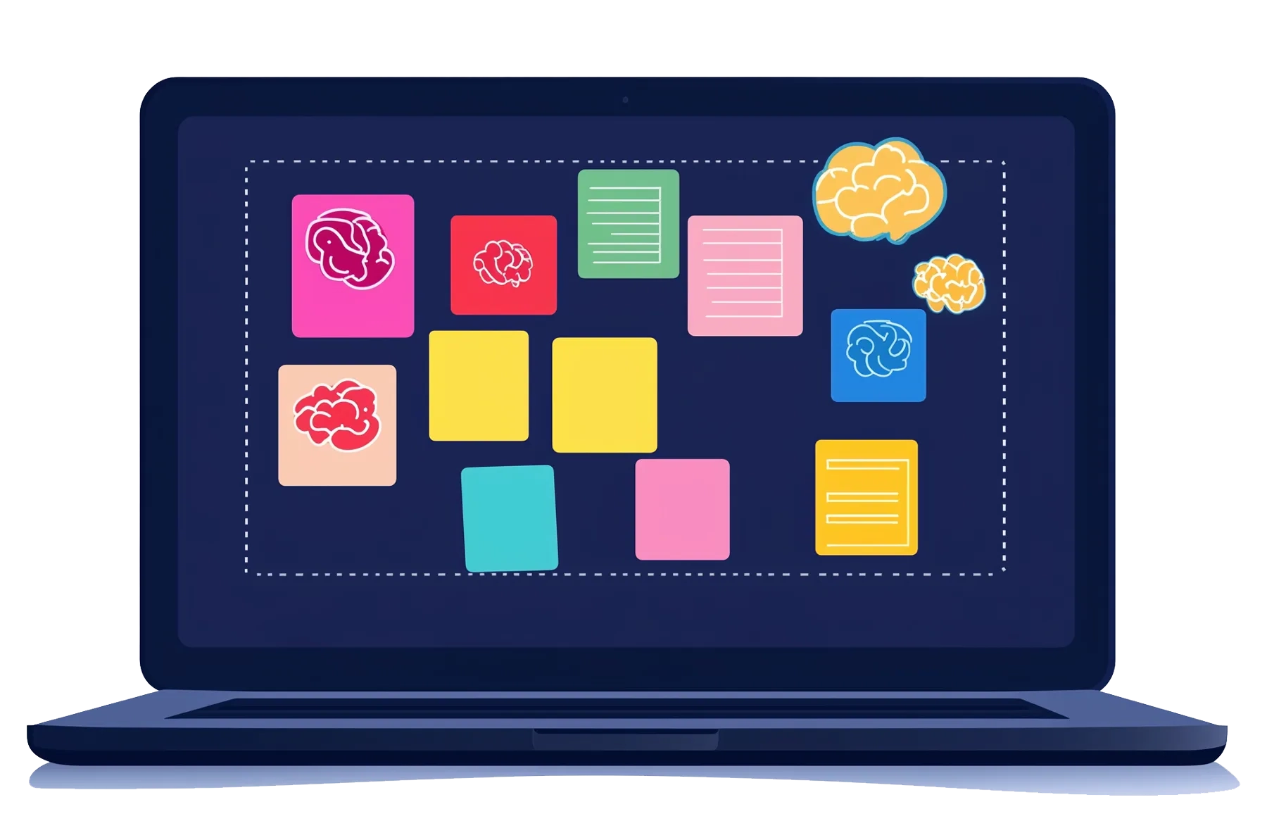 A laptop screen with sticky notes and colourful brains